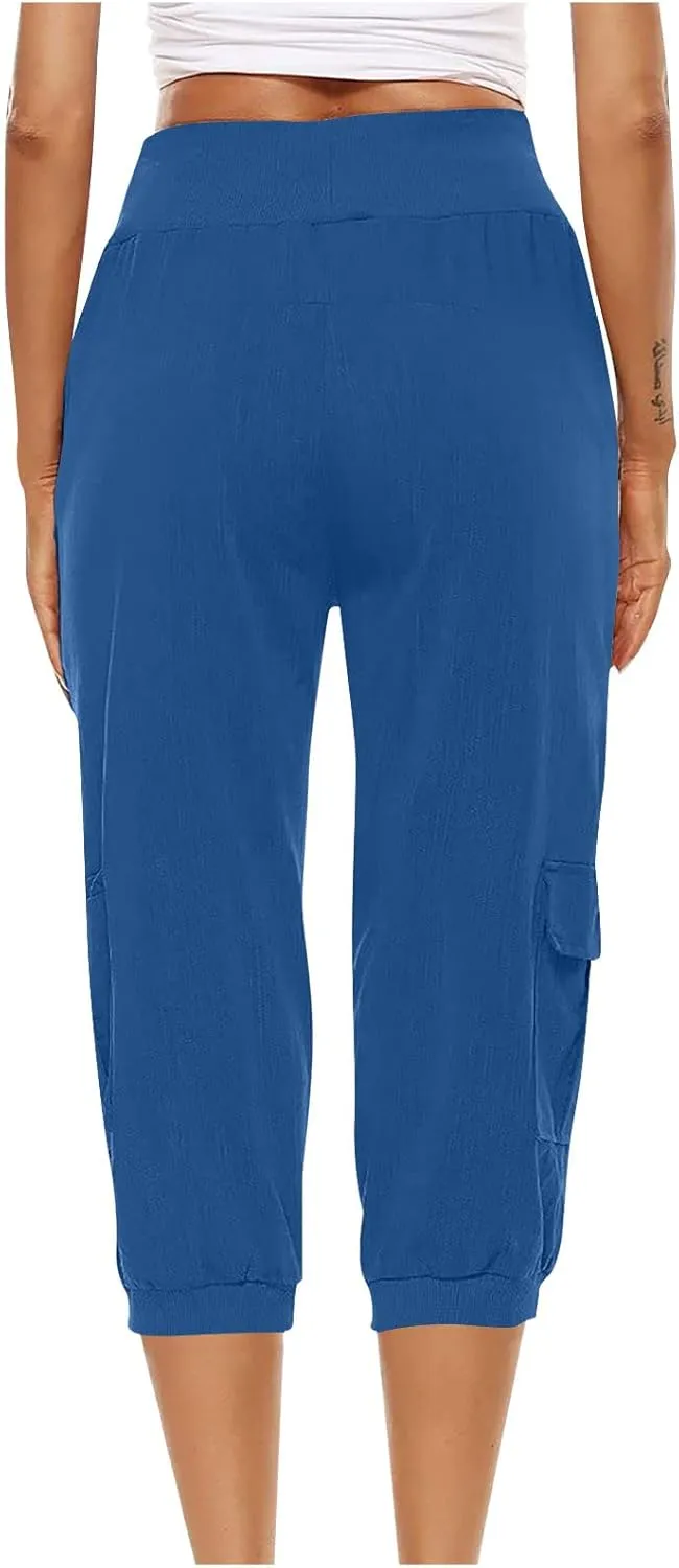 Women's Light Weight Summer Capris Cotton Linen Capri Pants Drawstring High Waist Pant Crop Workout Pants with Pockets