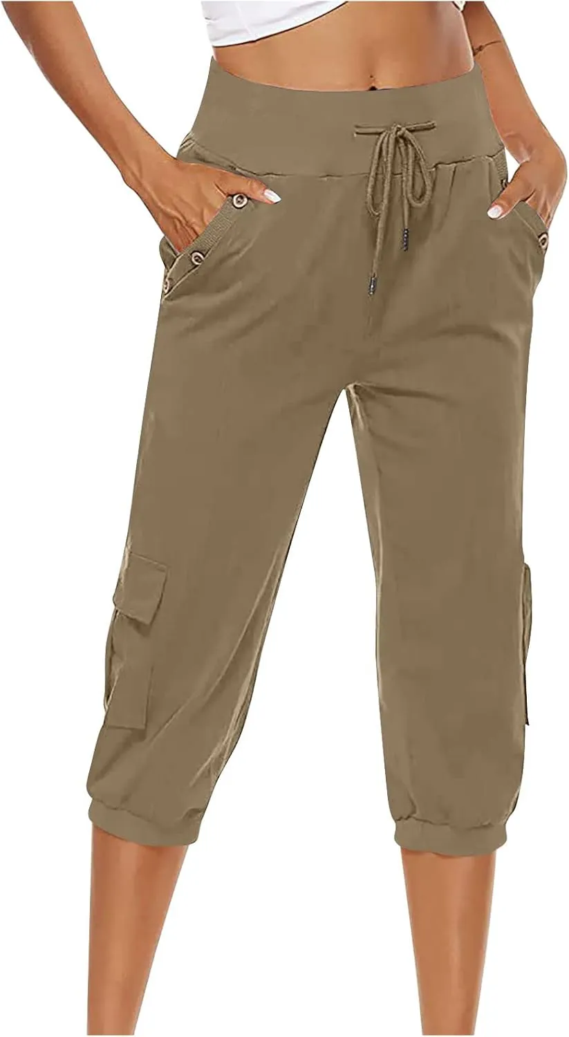 Women's Light Weight Summer Capris Cotton Linen Capri Pants Drawstring High Waist Pant Crop Workout Pants with Pockets