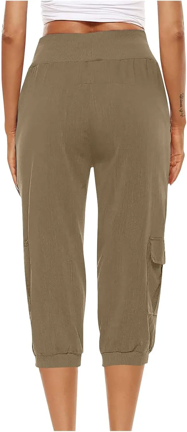 Women's Light Weight Summer Capris Cotton Linen Capri Pants Drawstring High Waist Pant Crop Workout Pants with Pockets