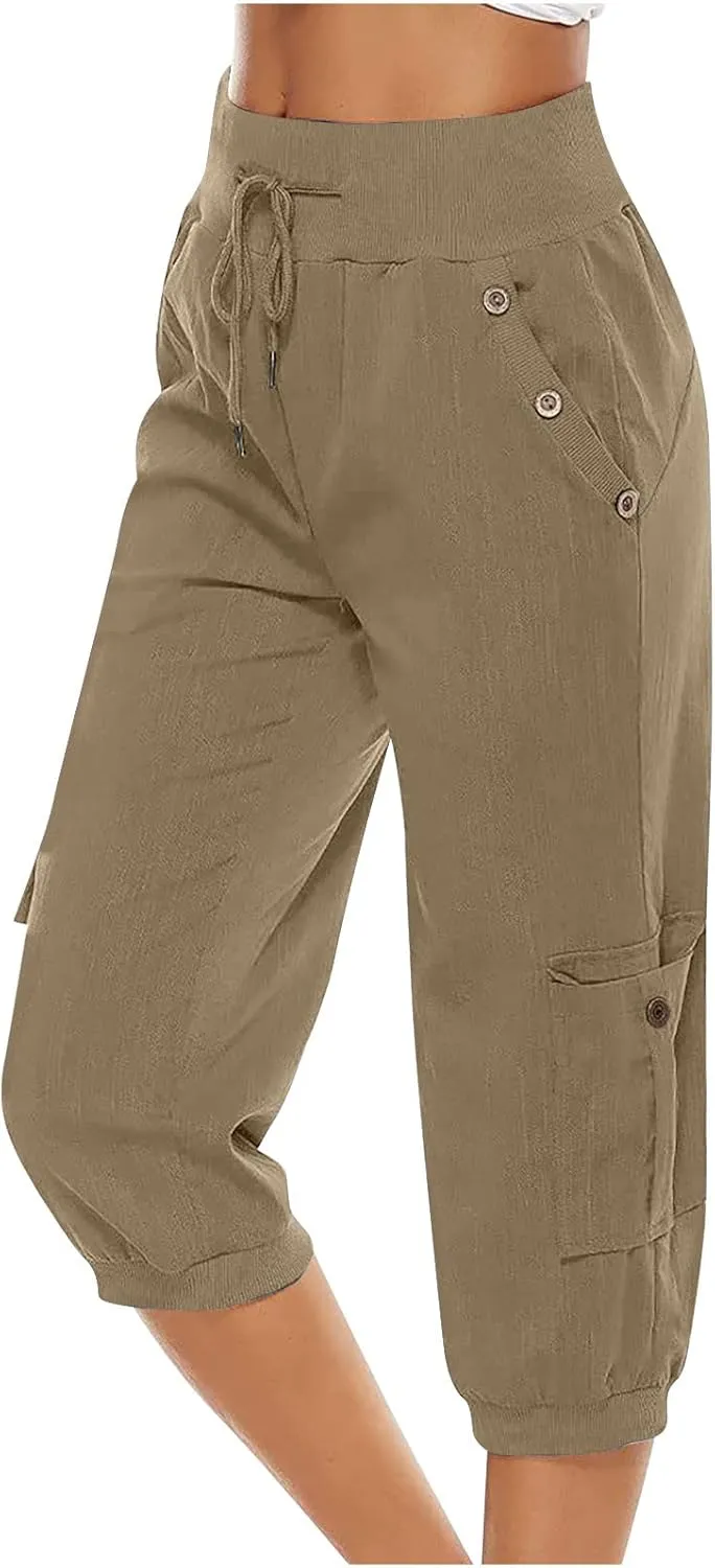 Women's Light Weight Summer Capris Cotton Linen Capri Pants Drawstring High Waist Pant Crop Workout Pants with Pockets