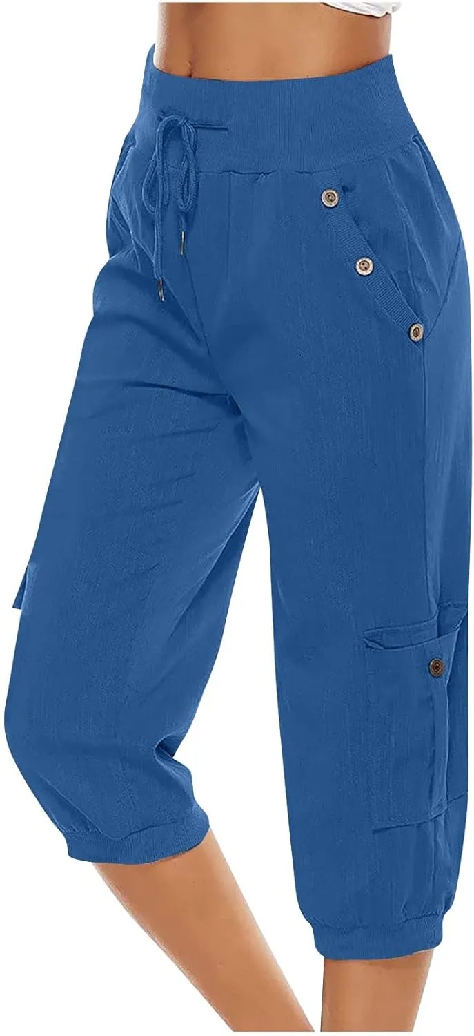 Women's Light Weight Summer Capris Cotton Linen Capri Pants Drawstring High Waist Pant Crop Workout Pants with Pockets