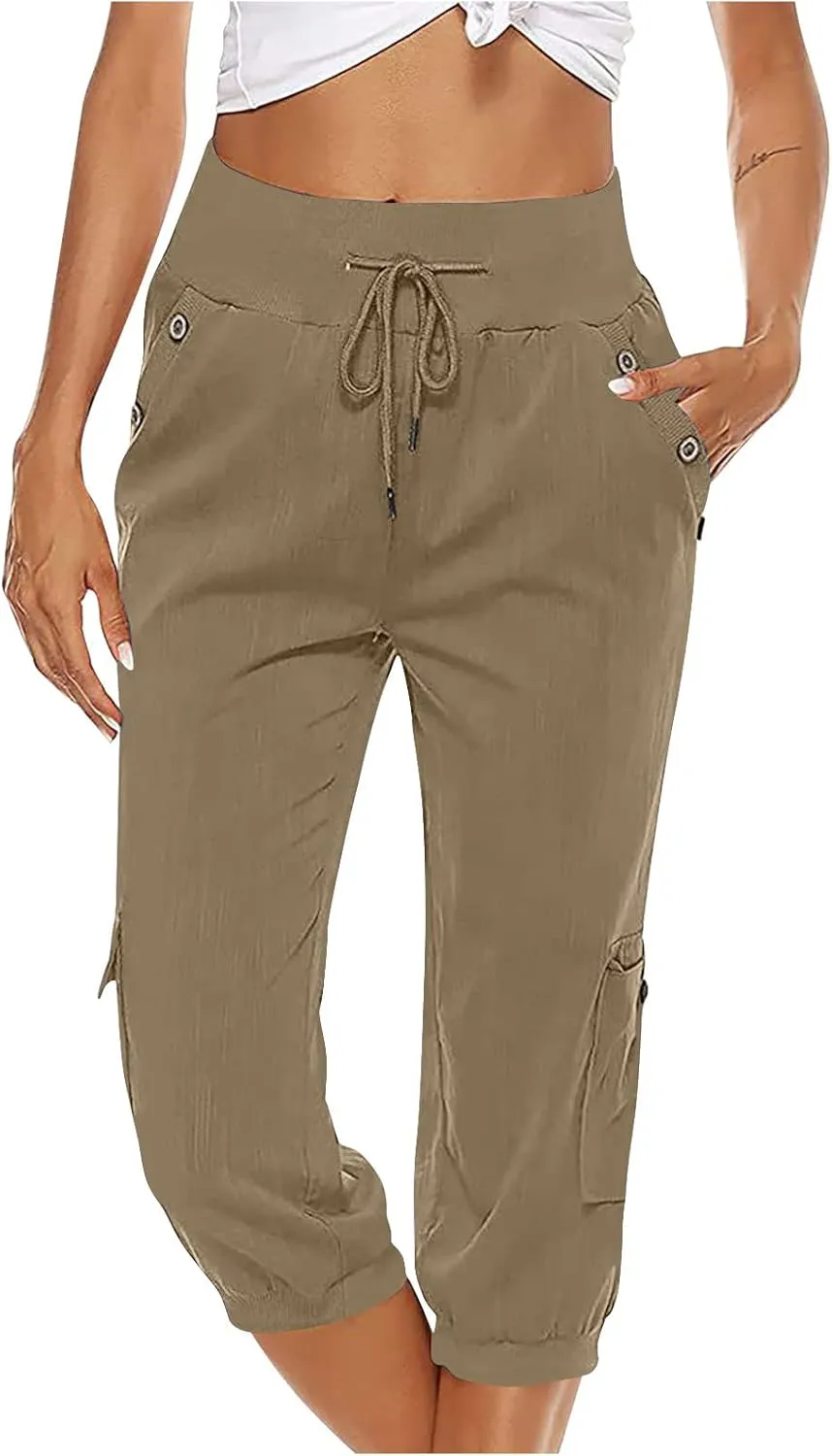 Women's Light Weight Summer Capris Cotton Linen Capri Pants Drawstring High Waist Pant Crop Workout Pants with Pockets
