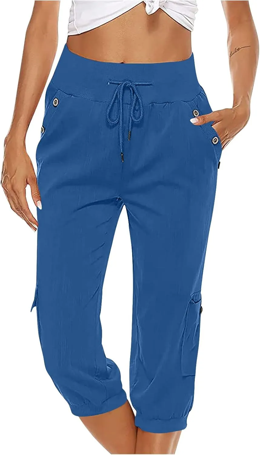 Women's Light Weight Summer Capris Cotton Linen Capri Pants Drawstring High Waist Pant Crop Workout Pants with Pockets