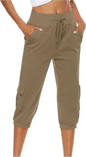 Women's Light Weight Summer Capris Cotton Linen Capri Pants Drawstring High Waist Pant Crop Workout Pants with Pockets