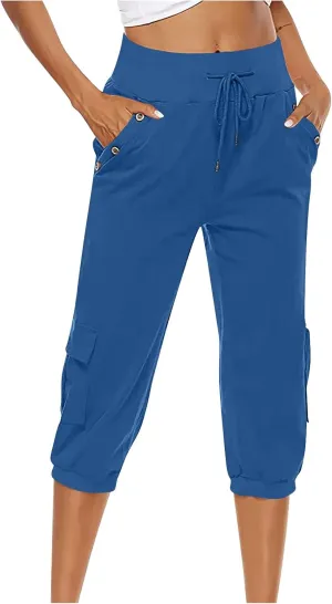 Women's Light Weight Summer Capris Cotton Linen Capri Pants Drawstring High Waist Pant Crop Workout Pants with Pockets
