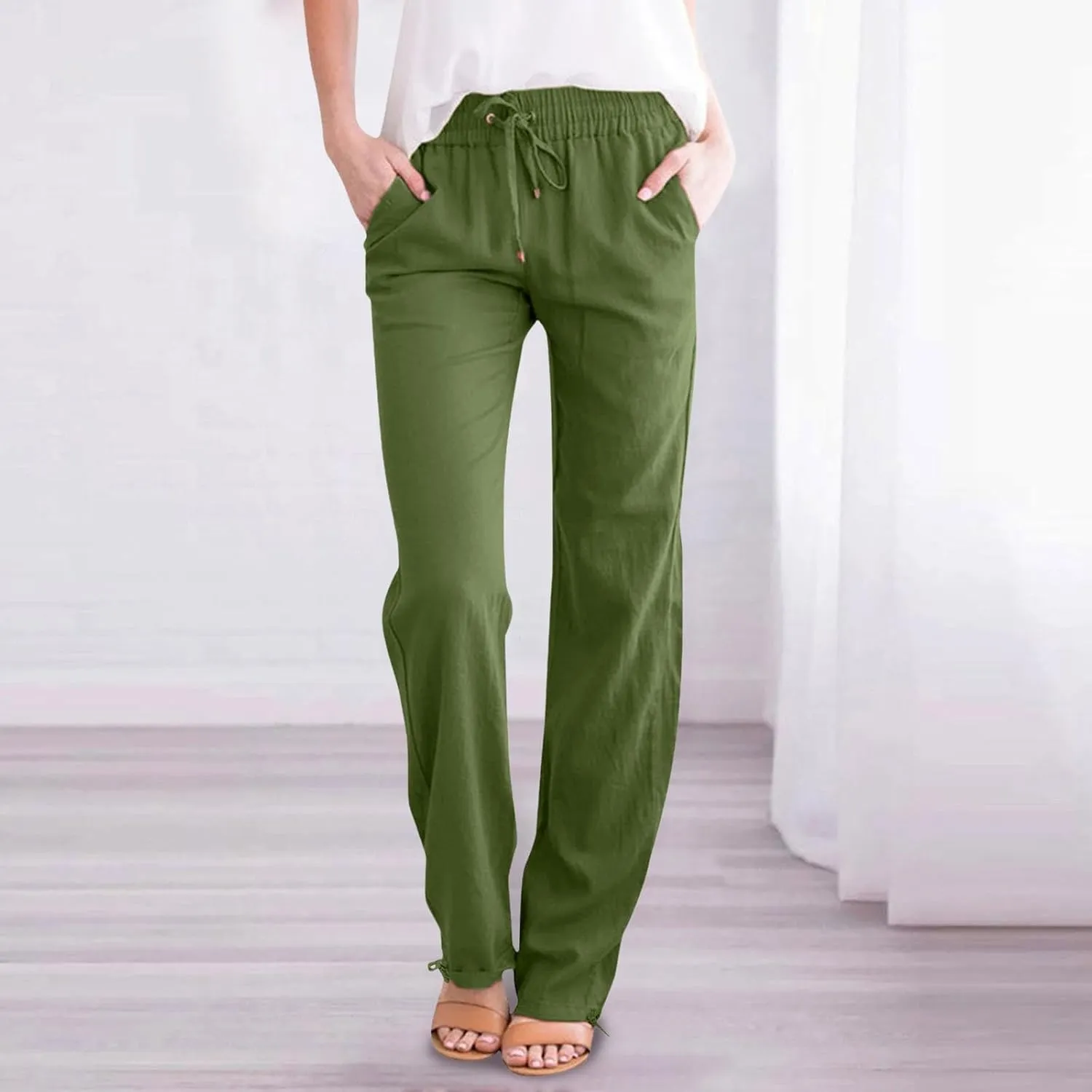 Women's Linen Capri Pants mom Jeans high Waisted Light Weight Pants for Women Summer Travel Linen Pants Wrinkle Free