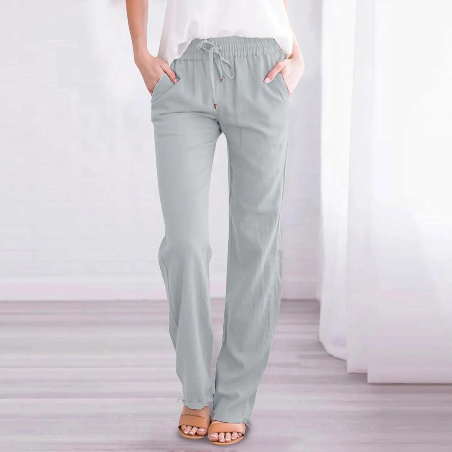 Women's Linen Capri Pants mom Jeans high Waisted Light Weight Pants for Women Summer Travel Linen Pants Wrinkle Free