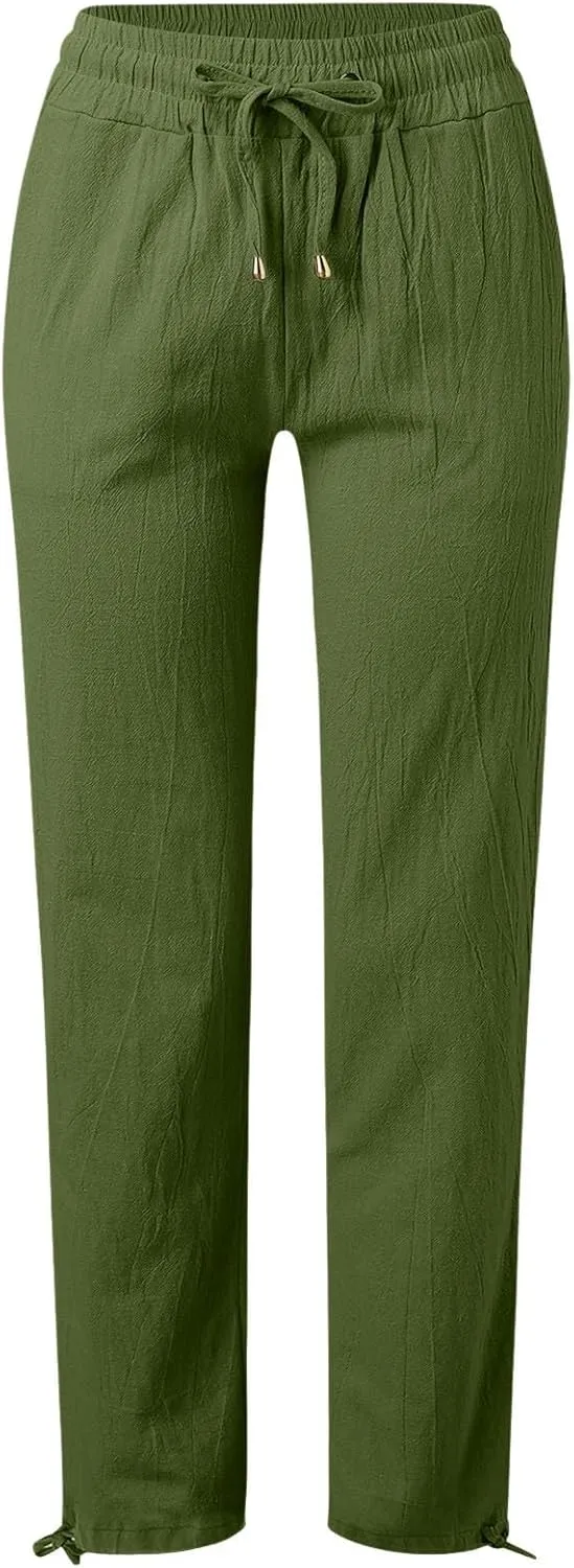 Women's Linen Capri Pants mom Jeans high Waisted Light Weight Pants for Women Summer Travel Linen Pants Wrinkle Free