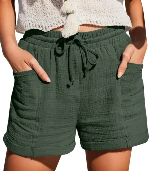 Women's Linen Drawstring Shorts Casual Summer Elastic Waist Chino Shorts Lightweight Loose Pants with Pockets