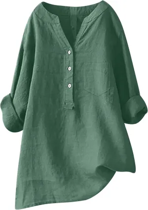 Women's Linen Shirts Summer Cotton Linen Solid Short Sleeve T Shirts Casual Loose Fit Trendy V Neck Blouses