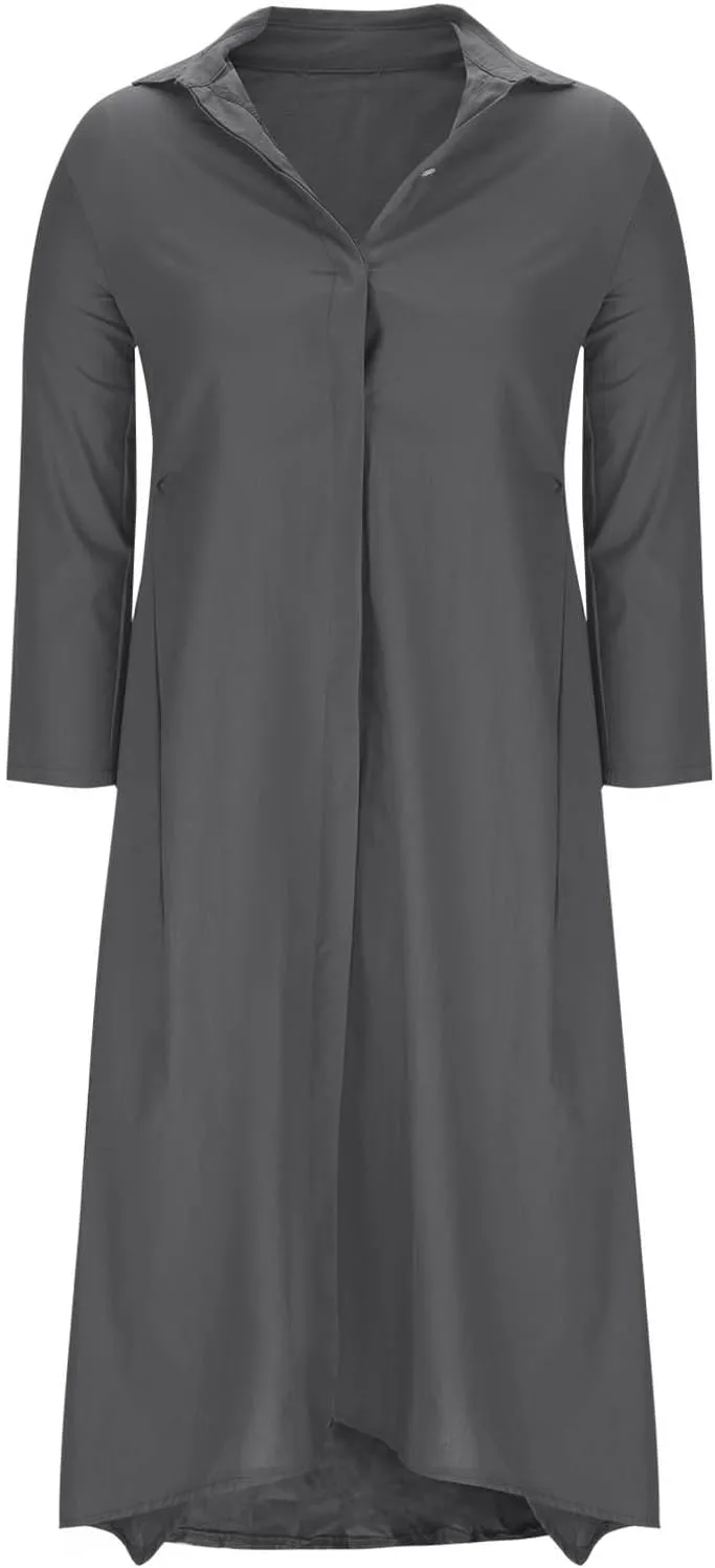 Womens Long Sleeve Button Down Shirts Dress Casual Linen Oversized Maxi Shift Dress Fashion Flowy High Low Hem Dress