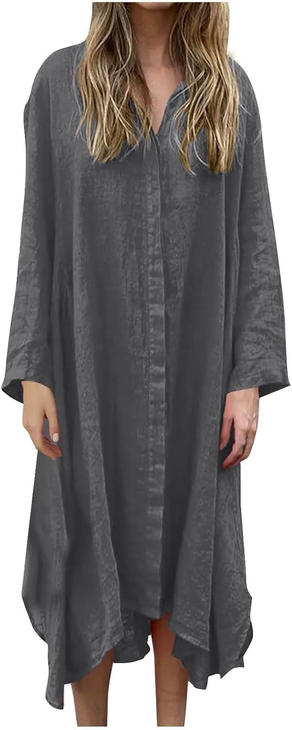 Womens Long Sleeve Button Down Shirts Dress Casual Linen Oversized Maxi Shift Dress Fashion Flowy High Low Hem Dress