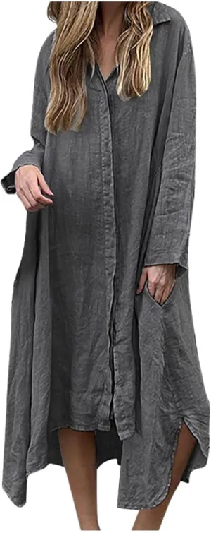 Womens Long Sleeve Button Down Shirts Dress Casual Linen Oversized Maxi Shift Dress Fashion Flowy High Low Hem Dress