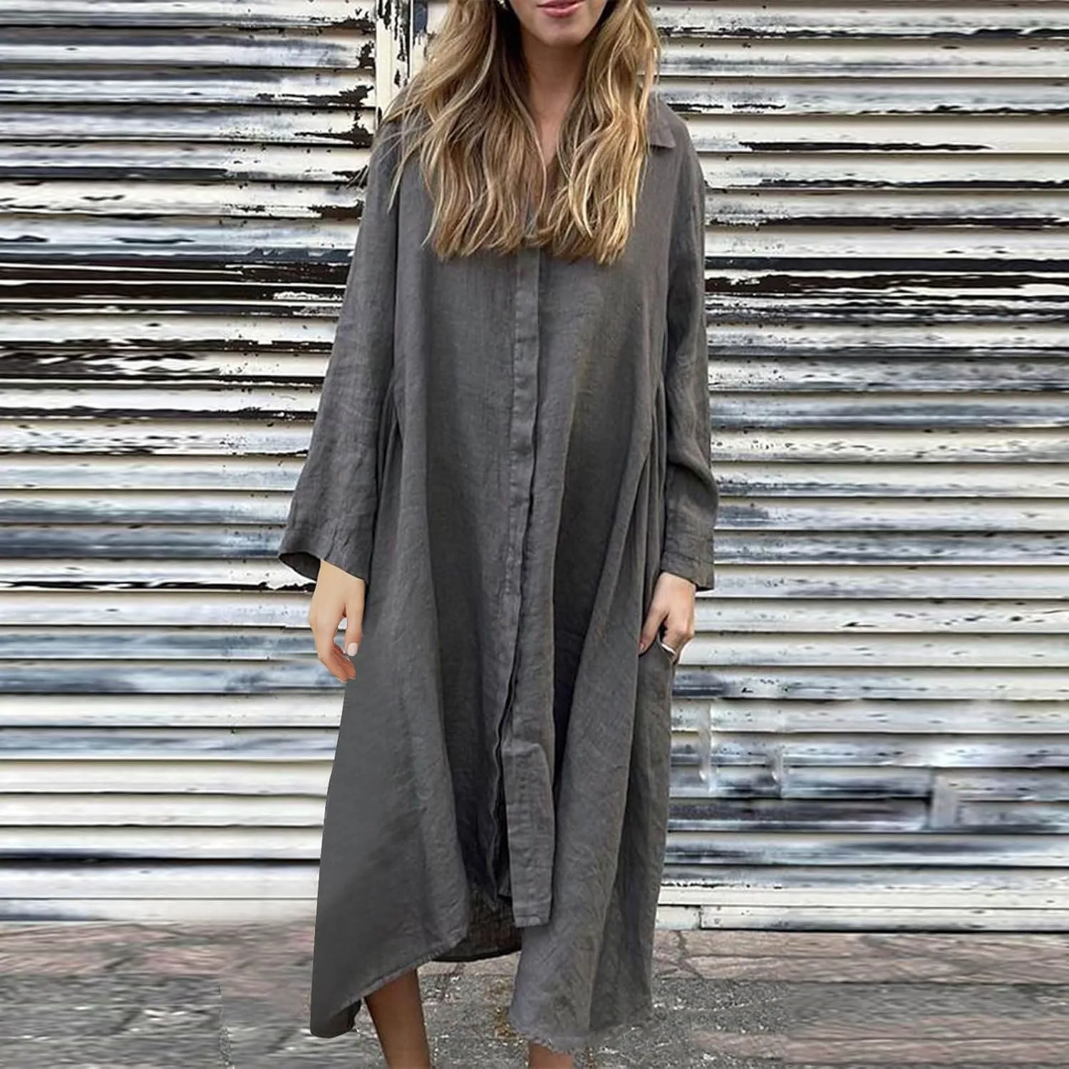 Womens Long Sleeve Button Down Shirts Dress Casual Linen Oversized Maxi Shift Dress Fashion Flowy High Low Hem Dress