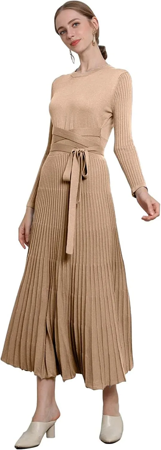 Women's Long Sleeve Sweater Dress Ankle Length Fall Dress Vneck Knit Winter Dress