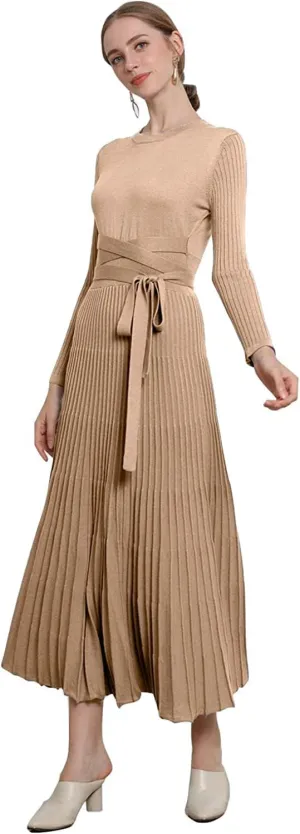 Women's Long Sleeve Sweater Dress Ankle Length Fall Dress Vneck Knit Winter Dress