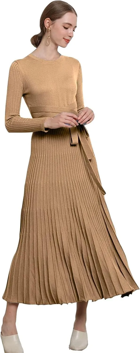 Women's Long Sleeve Sweater Dress Ankle Length Fall Dress Vneck Knit Winter Dress