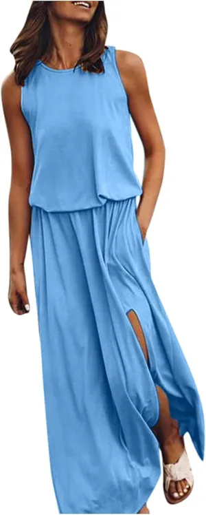 Women's Loose Sleeveless Long Dress Split Maxi Summer Beach Dress with Pockets Solid Work Casual Comfy Dresses