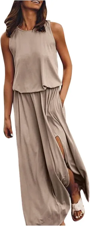 Women's Loose Sleeveless Long Dress Split Maxi Summer Beach Dress with Pockets Solid Work Casual Comfy Dresses
