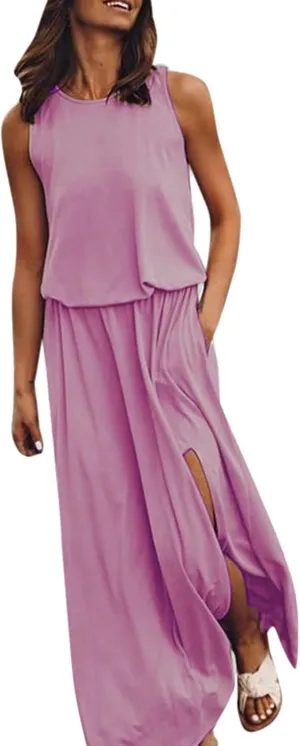 Women's Loose Sleeveless Long Dress Split Maxi Summer Beach Dress with Pockets Solid Work Casual Comfy Dresses
