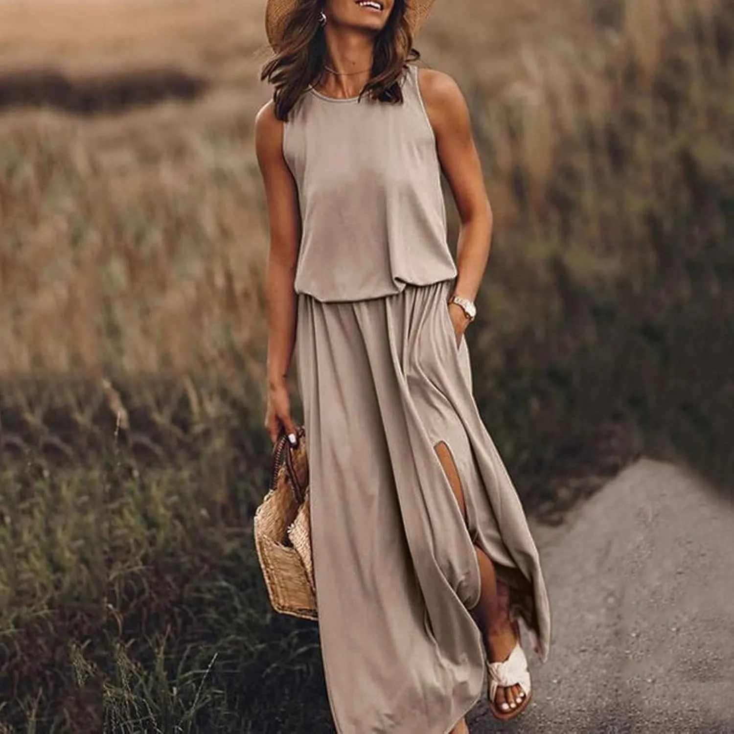 Women's Loose Sleeveless Long Dress Split Maxi Summer Beach Dress with Pockets Solid Work Casual Comfy Dresses