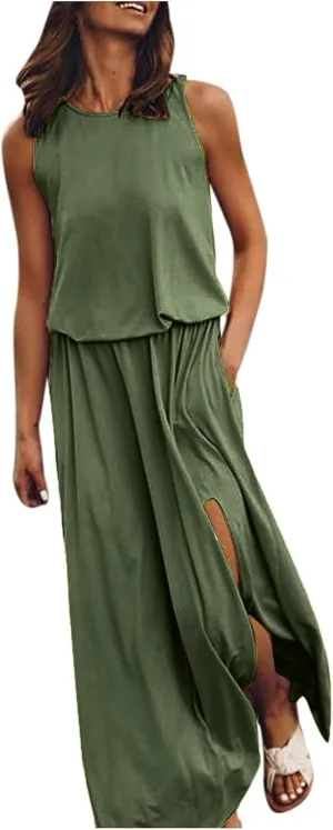 Women's Loose Sleeveless Long Dress Split Maxi Summer Beach Dress with Pockets Solid Work Casual Comfy Dresses