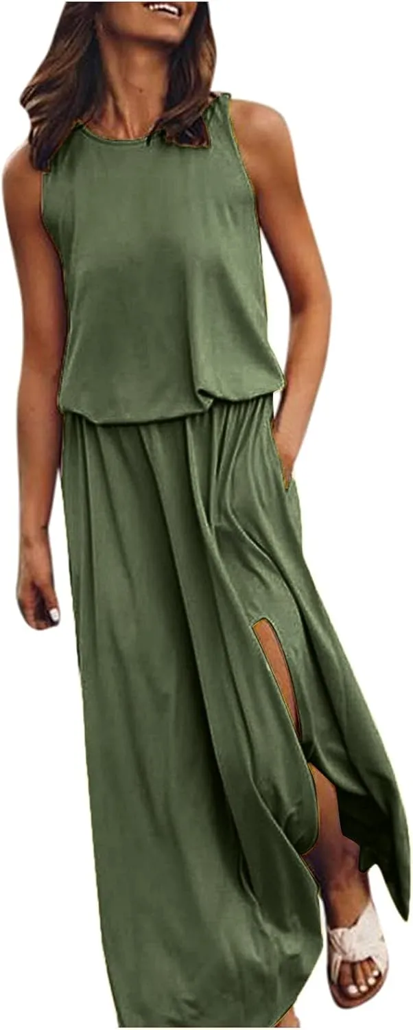 Women's Loose Sleeveless Long Dress Split Maxi Summer Beach Dress with Pockets Solid Work Casual Comfy Dresses