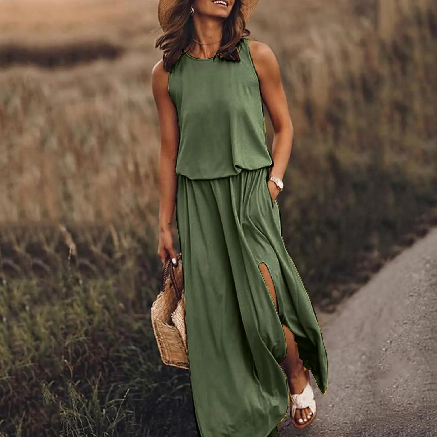 Women's Loose Sleeveless Long Dress Split Maxi Summer Beach Dress with Pockets Solid Work Casual Comfy Dresses