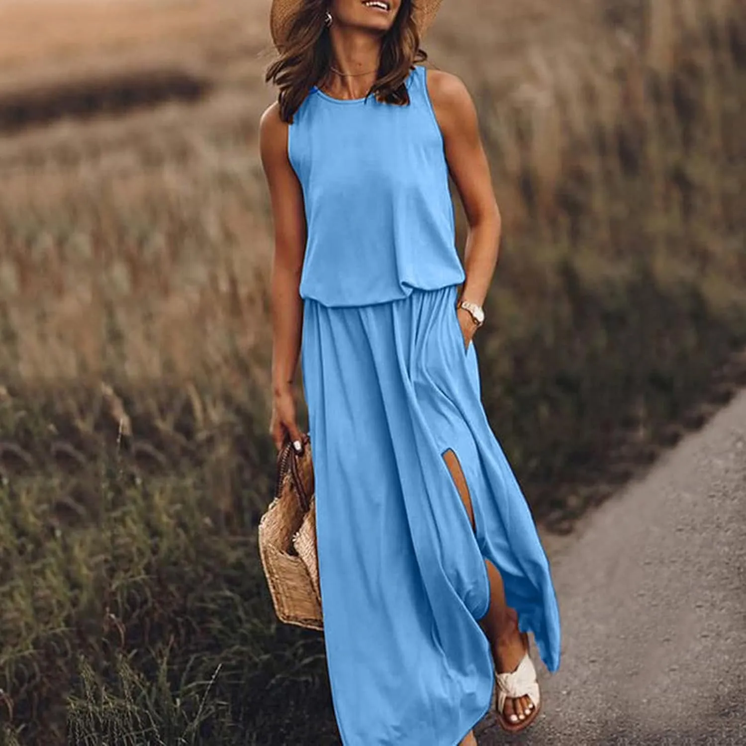 Women's Loose Sleeveless Long Dress Split Maxi Summer Beach Dress with Pockets Solid Work Casual Comfy Dresses