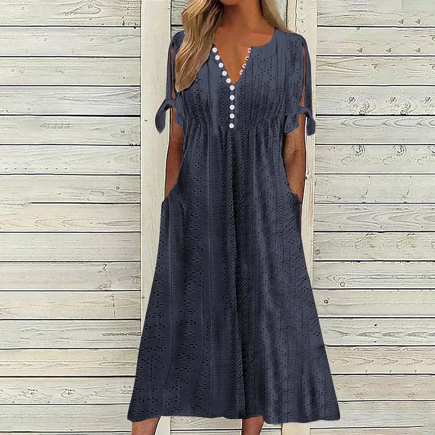 Women's Maxi Dresses Eyelet Summer Boho Solid Color Pleated Long Dress Loose Casual Vacation Trendy Clothing 2025