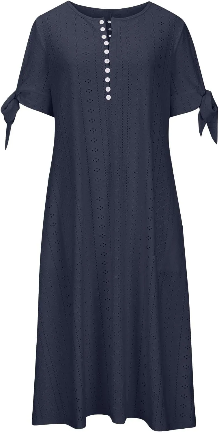 Women's Maxi Dresses Eyelet Summer Boho Solid Color Pleated Long Dress Loose Casual Vacation Trendy Clothing 2025