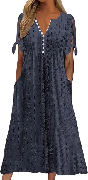 Women's Maxi Dresses Eyelet Summer Boho Solid Color Pleated Long Dress Loose Casual Vacation Trendy Clothing 2025