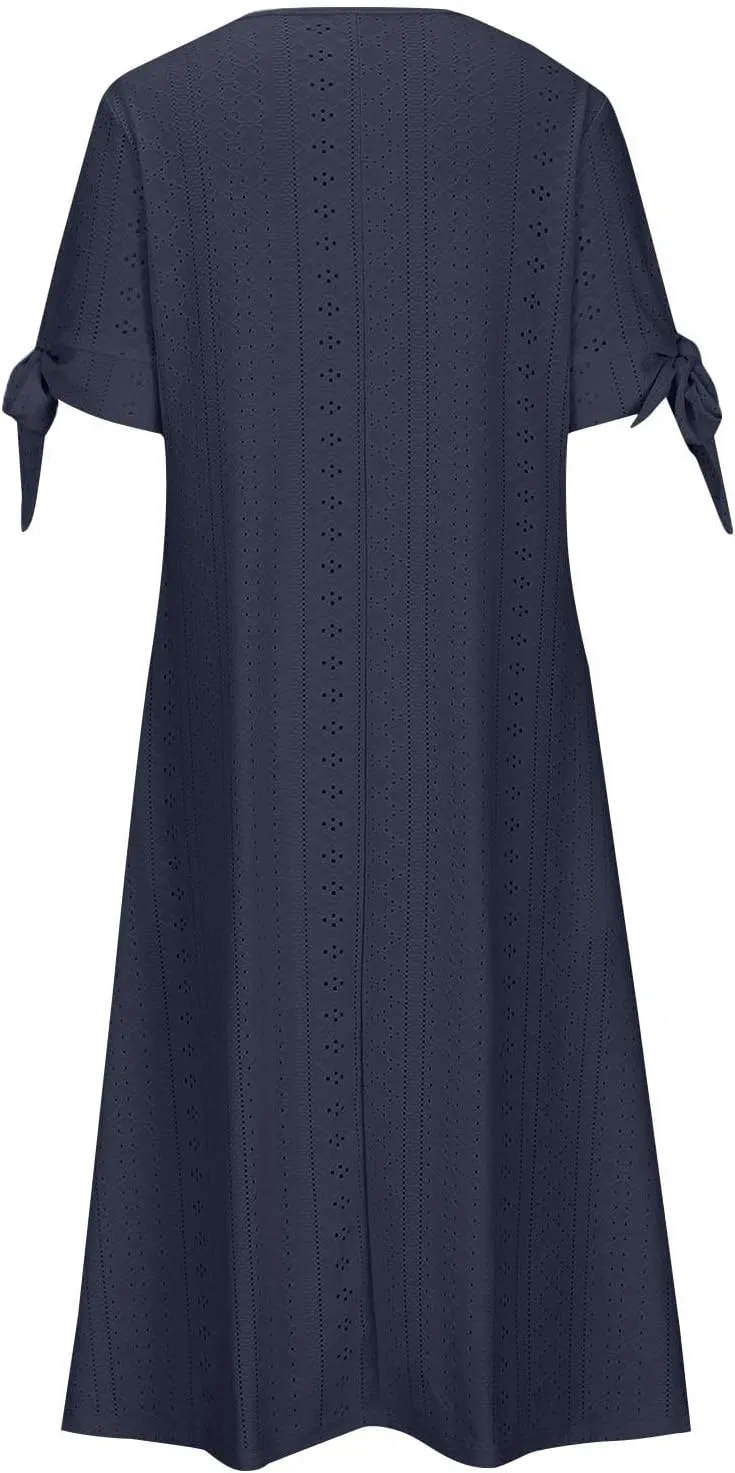 Women's Maxi Dresses Eyelet Summer Boho Solid Color Pleated Long Dress Loose Casual Vacation Trendy Clothing 2025