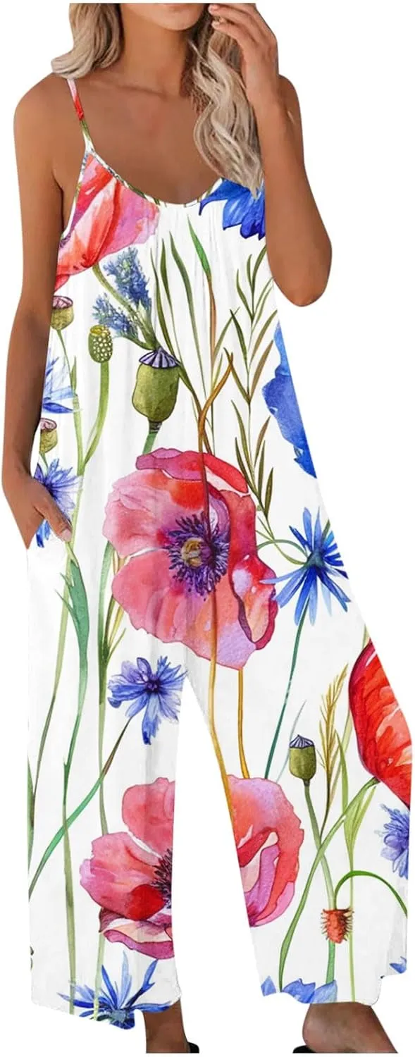 Womens Overalls Pants One Piece for Women Floral Graphic Loose Fit Flare Wide Leg Summer Fall Pants 2025