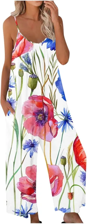 Womens Overalls Pants One Piece for Women Floral Graphic Loose Fit Flare Wide Leg Summer Fall Pants 2025