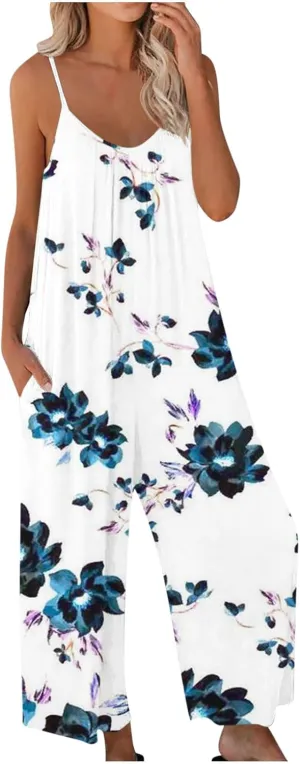 Womens Overalls Pants One Piece for Women Floral Graphic Loose Fit Flare Wide Leg Summer Fall Pants 2025