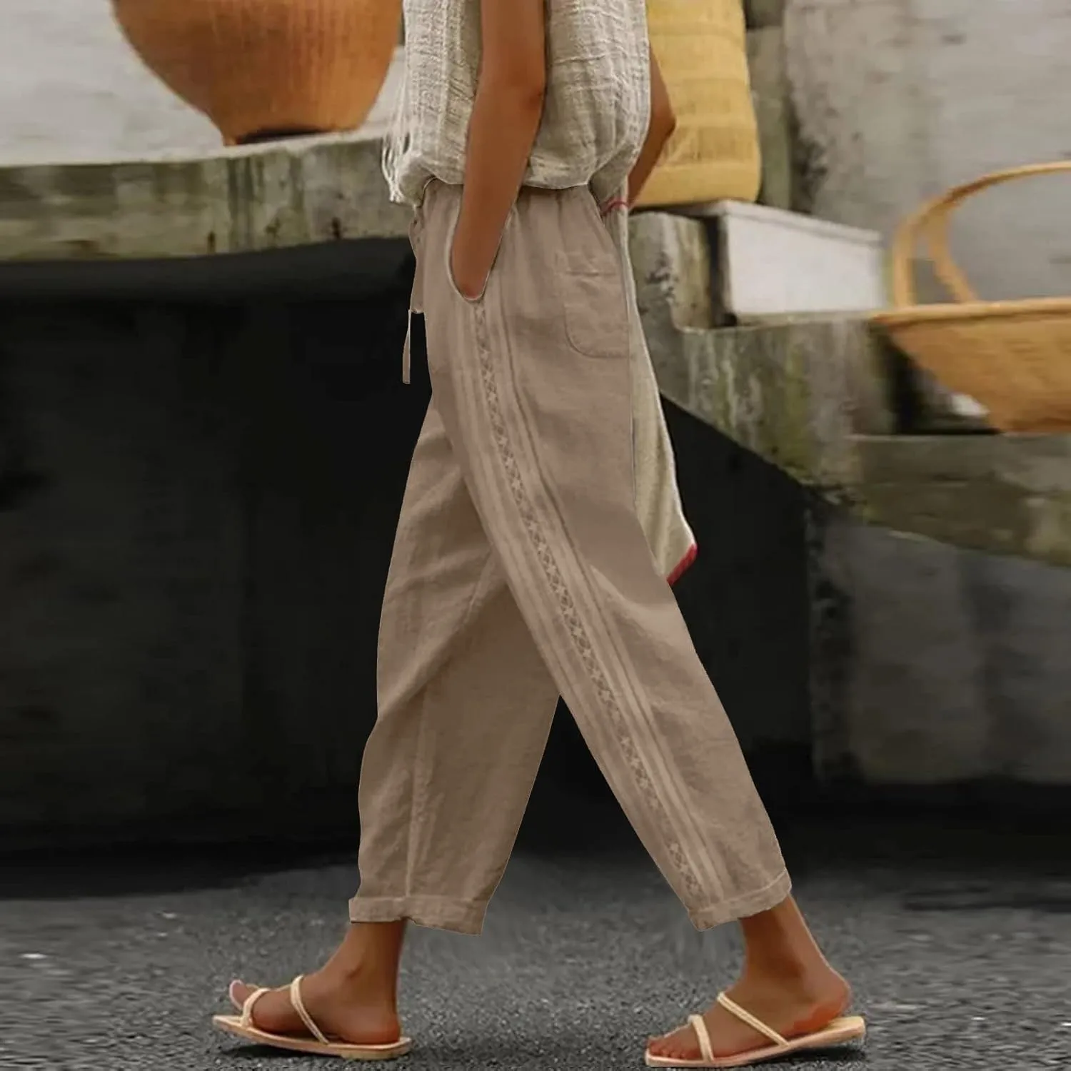 Women's Pants, Linen Straight Leg Peasant Pants Casual Relaxed Side Button Trendy