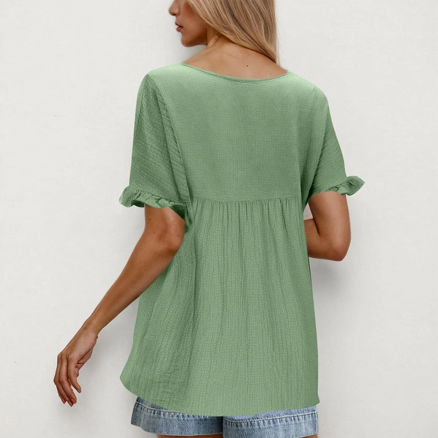 Womens Peplum Blouses Cute Smocked Casual Plain V Neck Ruffle Bell Half Sleeve T Shirts Babydoll Top Dressy