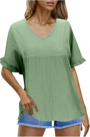 Womens Peplum Blouses Cute Smocked Casual Plain V Neck Ruffle Bell Half Sleeve T Shirts Babydoll Top Dressy