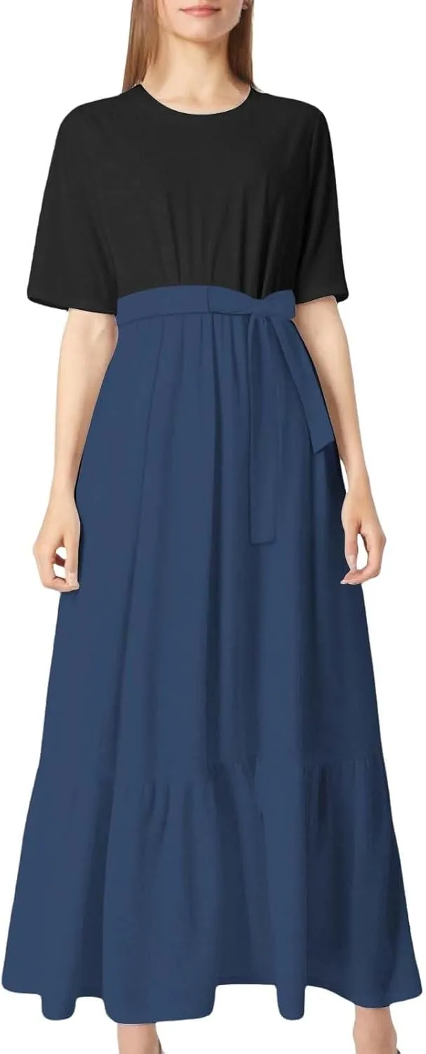 Womens Pleated Long Sleeve Loose Dress Casual Maxi Dresses with Tie Waist
