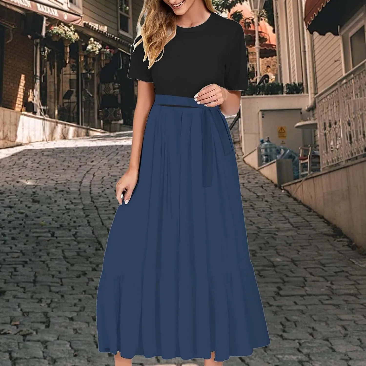 Womens Pleated Long Sleeve Loose Dress Casual Maxi Dresses with Tie Waist