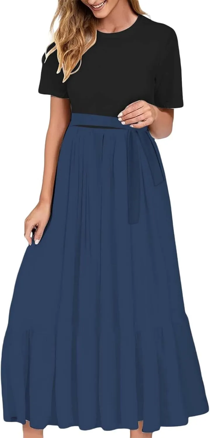 Womens Pleated Long Sleeve Loose Dress Casual Maxi Dresses with Tie Waist