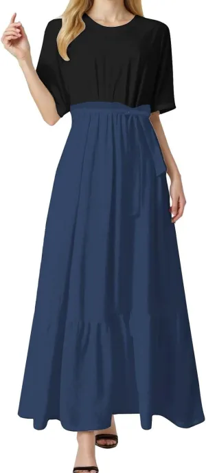 Womens Pleated Long Sleeve Loose Dress Casual Maxi Dresses with Tie Waist