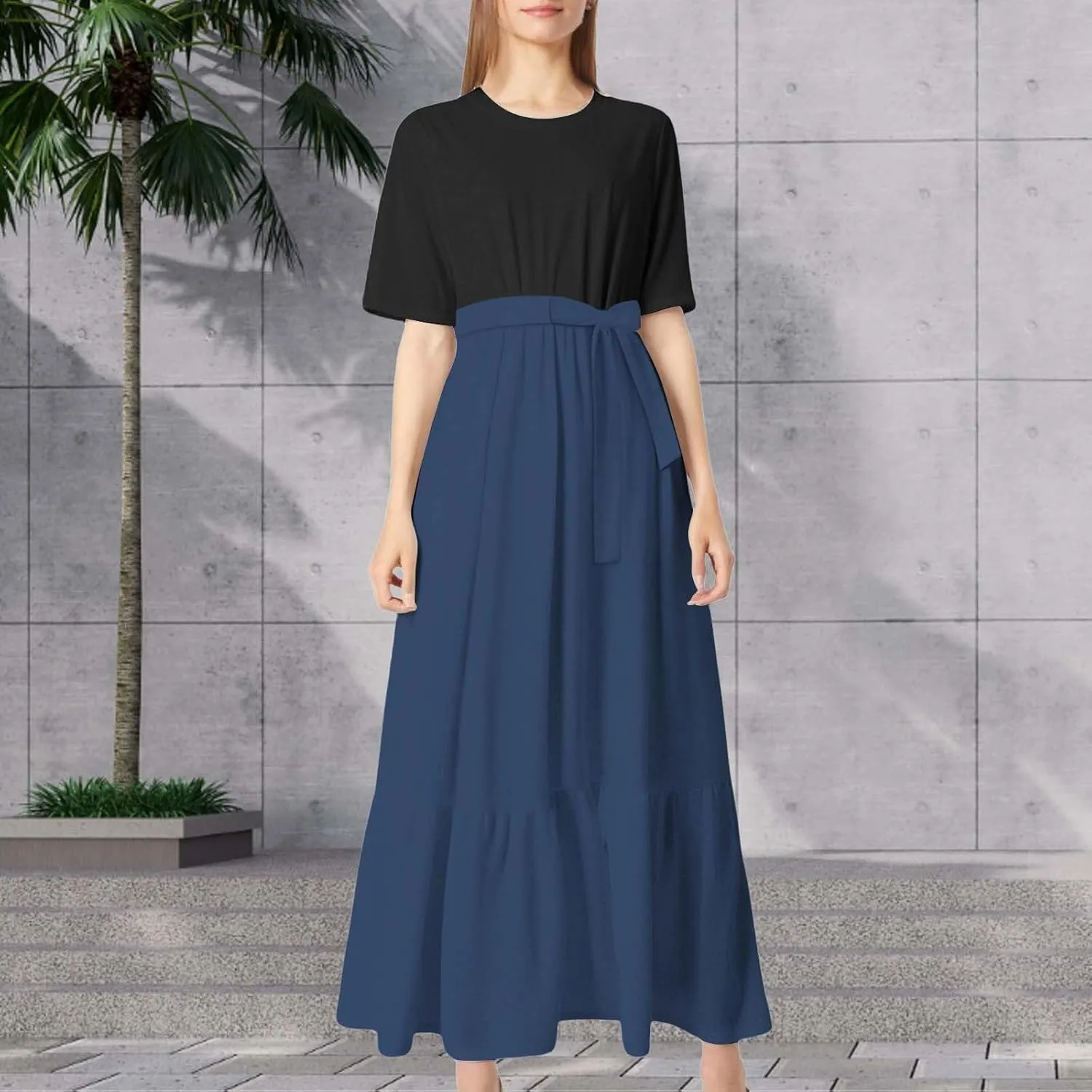 Womens Pleated Long Sleeve Loose Dress Casual Maxi Dresses with Tie Waist