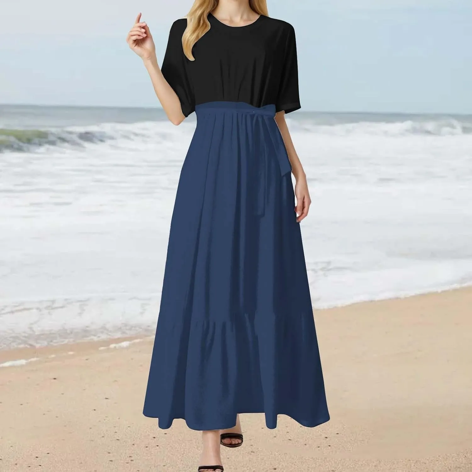 Womens Pleated Long Sleeve Loose Dress Casual Maxi Dresses with Tie Waist