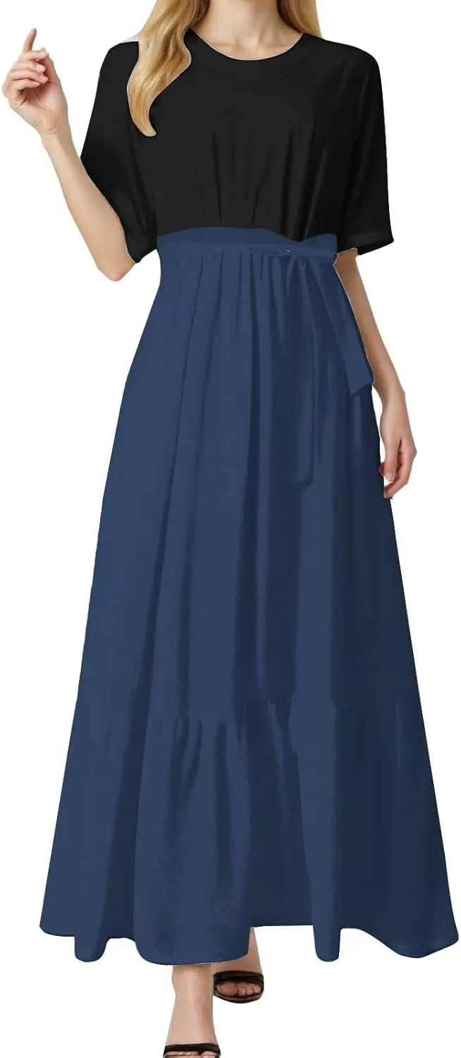 Womens Pleated Long Sleeve Loose Dress Casual Maxi Dresses with Tie Waist