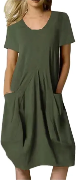 Women's Plus Size Linen Dress Casual Crew Neck Short Sleeve Midi Dress Summer Loose Solid Color Dresses with Pockets