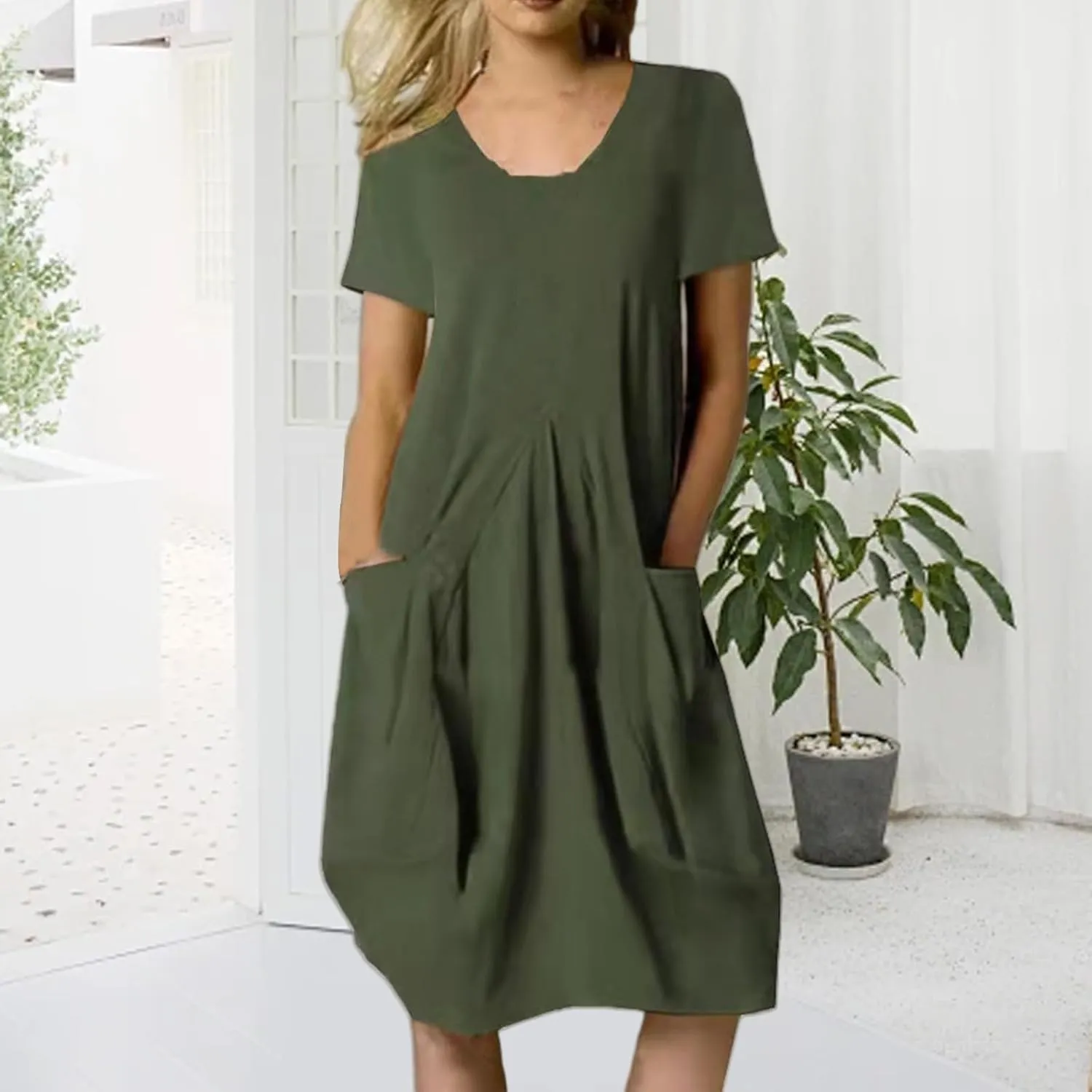 Women's Plus Size Linen Dress Casual Crew Neck Short Sleeve Midi Dress Summer Loose Solid Color Dresses with Pockets