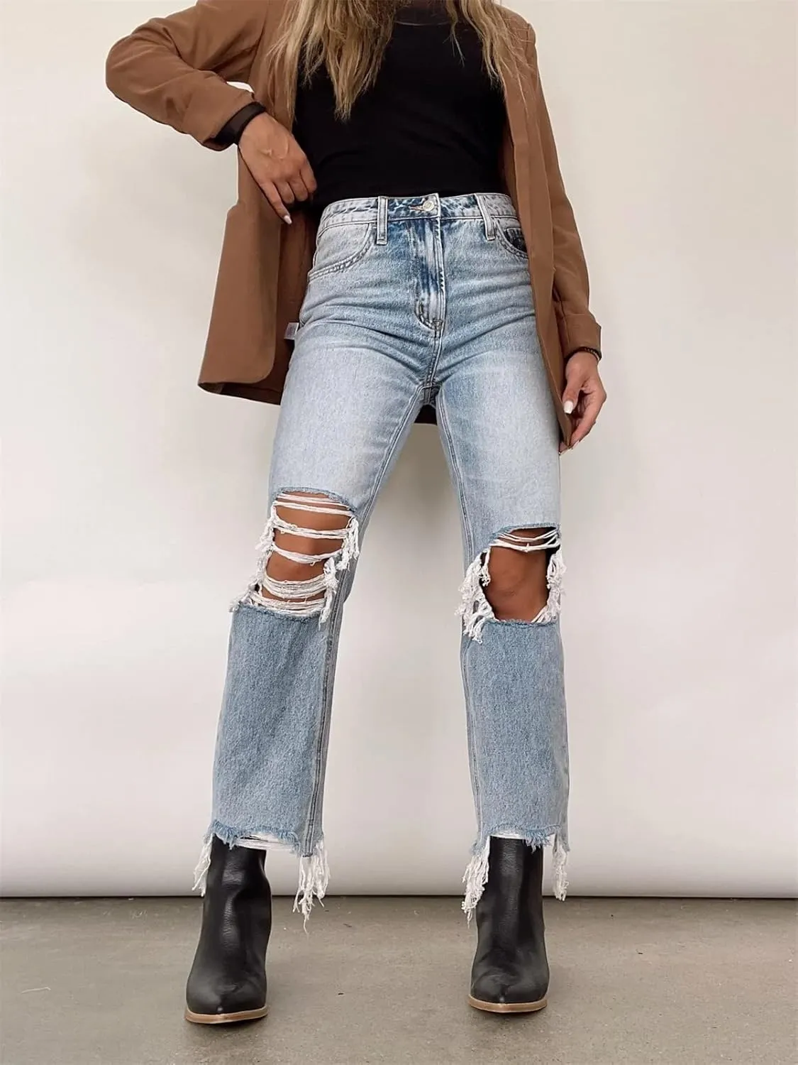 Womens Ripped Jeans Casual Stretchy Straight Leg Denim Pant High Waisted Retro Classic Denims Relaxed Fit Long Pant
