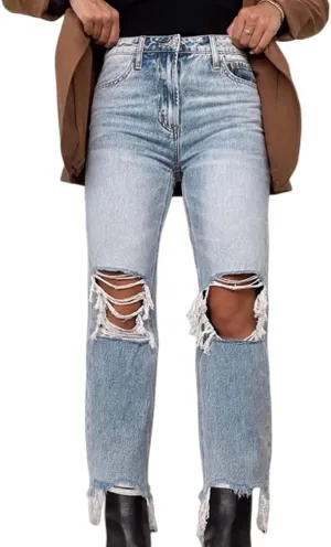 Womens Ripped Jeans Casual Stretchy Straight Leg Denim Pant High Waisted Retro Classic Denims Relaxed Fit Long Pant